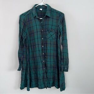 Old Navy green plaid flannel button down shirt dress XS